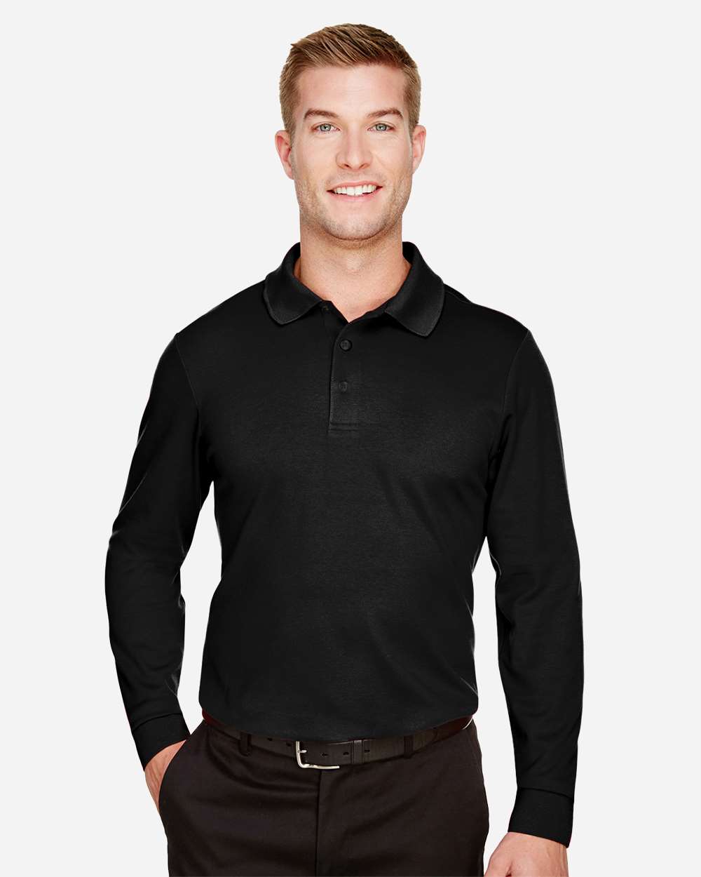 Devon & Jones DG20L Men’s CrownLux Performance® Plaited Long Sleeve Polo — Black
