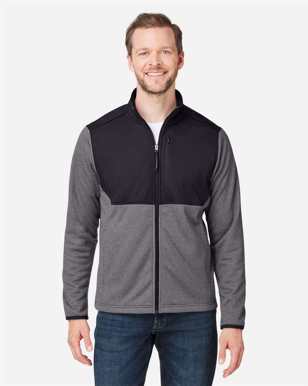 CORE365 CE74 Men’s Venture Heathered Stripe Hybrid Jacket — Black/ White