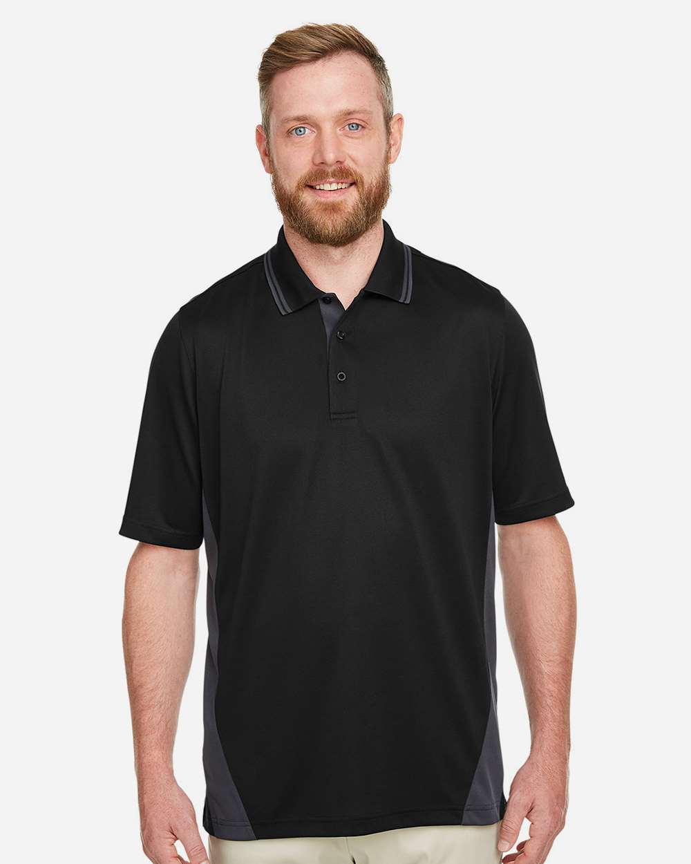 Harriton M386 Men’s Flash Snag Protection Plus IL Colorblock Polo — Black/ Dark Charcoal