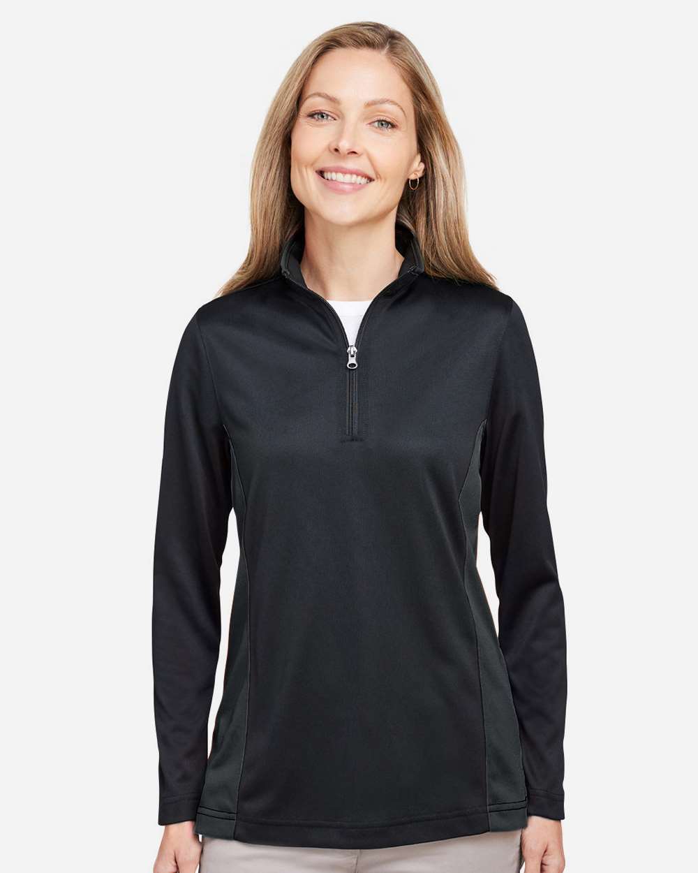 Harriton M786W Women’s Flash Snag Protection Plus IL Colorblock Quarter-Zip Pullover — Black/ Dark Charcoal