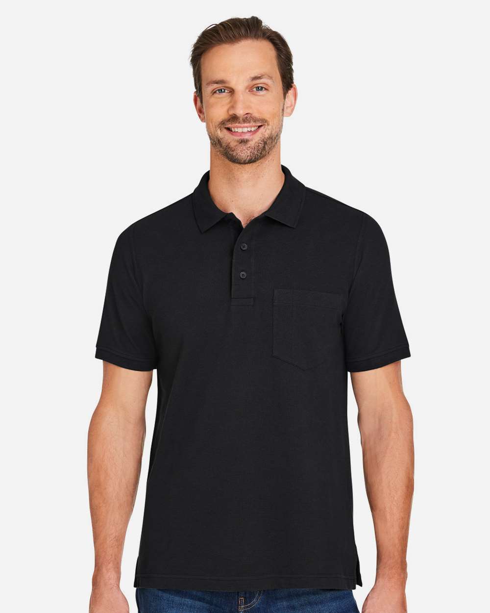 Harriton M205P Men’s Valiant Cotton Snag Protect Pocket Polo — Black