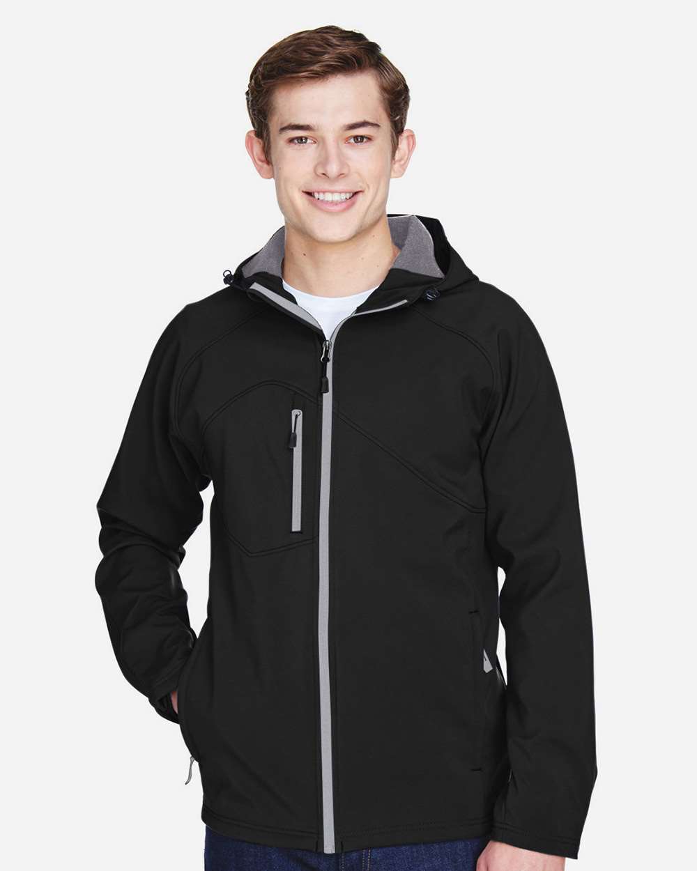 North End 88166 Men’s Prospect Two-Layer Fleece Bonded Soft Shell Hooded Jacket — Black