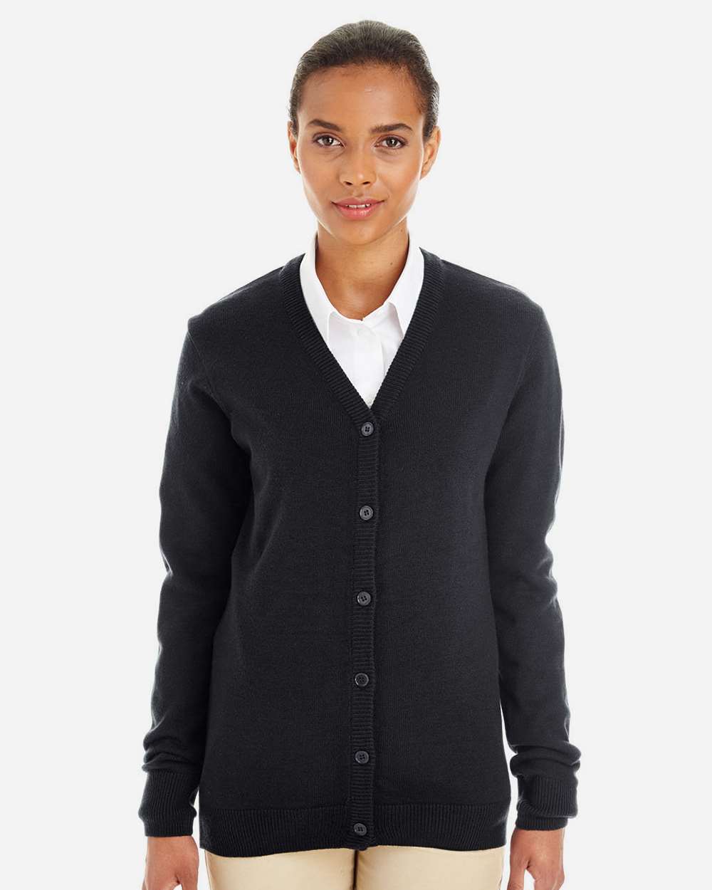 Harriton M425W Women’s Pilbloc V-Neck Button Cardigan Sweater — Black