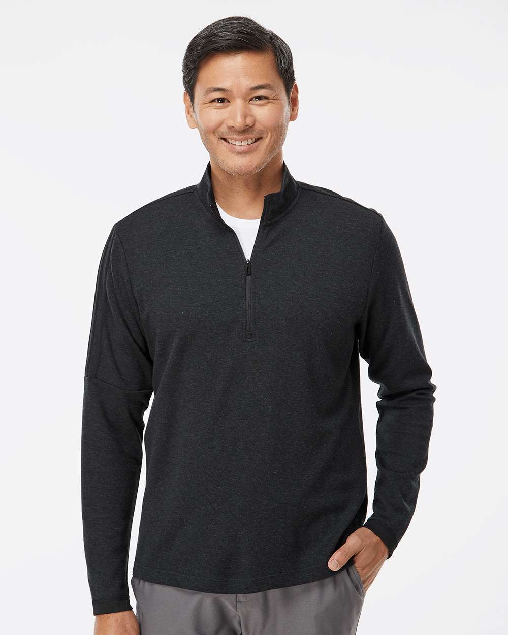 Adidas A554 Men’s 3-Stripes Quarter-Zip Sweater Pullover — Black Melange