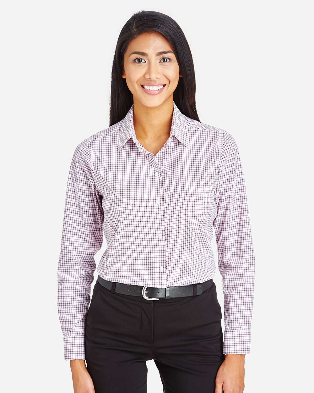 Devon & Jones DG540W Women’s CrownLux Performance® Micro Windowpane Woven Dress Shirt — Burgundy/ White