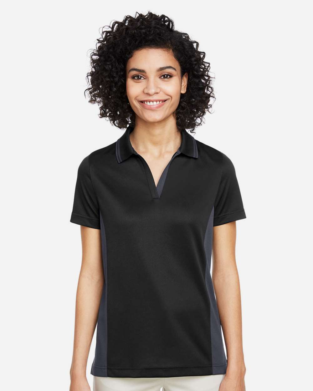 Harriton M386W Women’s Flash Snag Protection Plus IL Colorblock Polo — Black/ Dark Charcoal
