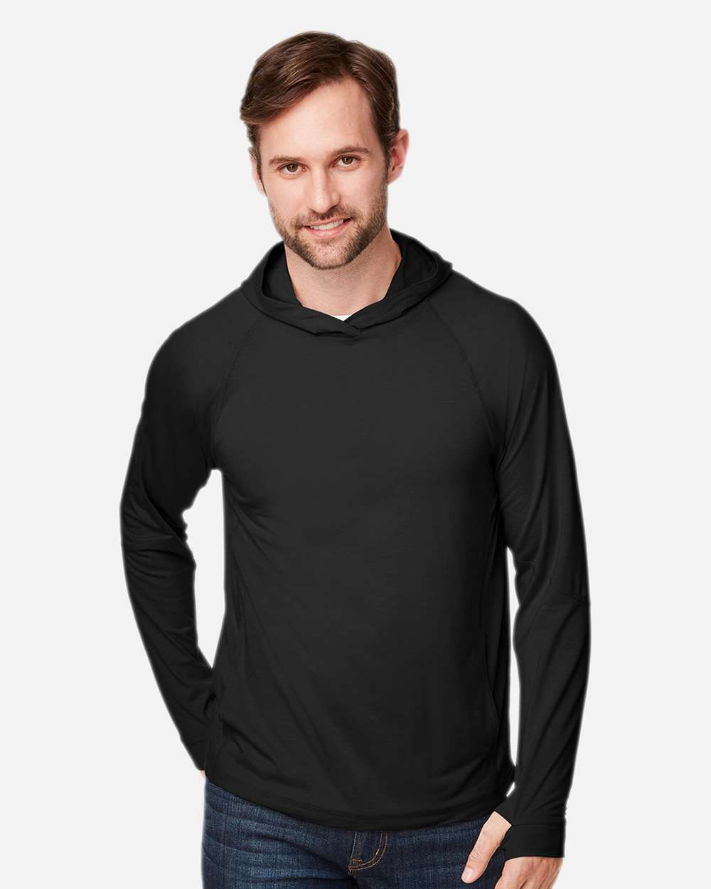 North End NE105 Unisex JAQ Stretch Performance Hooded Long Sleeve T-Shirt — Black