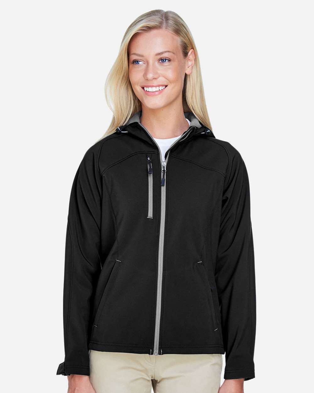 North End 78166 Women’s Prospect Two-Layer Fleece Bonded Soft Shell Hooded Jacket — Black