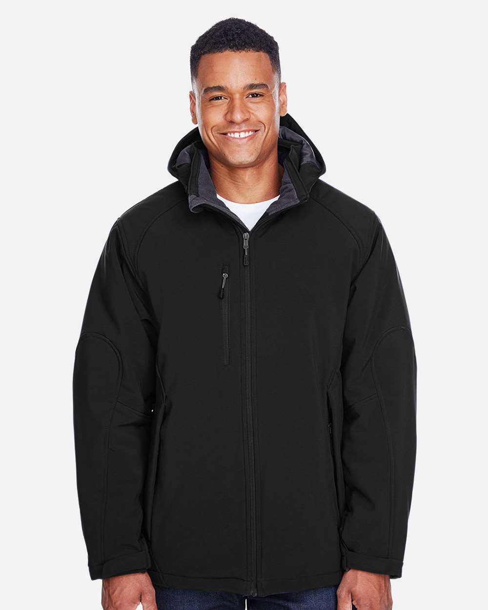 North End 88159 Men’s Glacier Insulated Three-Layer Fleece Soft Shell Hood Jacket with Detachable Hood — Black