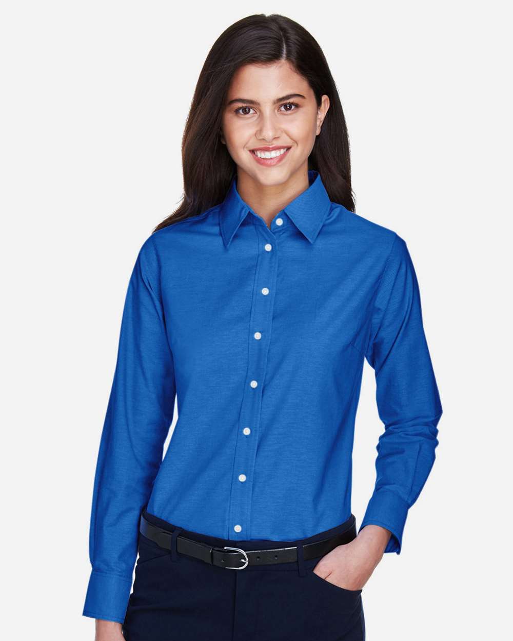 Harriton M600W Women’s Long Sleeve Oxford Dress Shirt — French Blue
