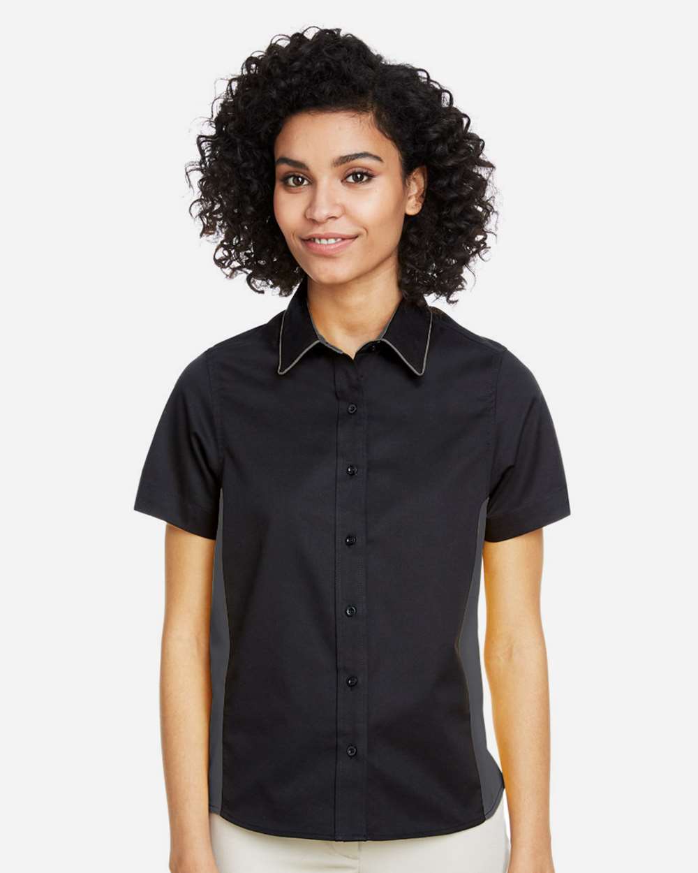 Harriton M586W Women’s Flash IL Colorblock Shirt — Black/ Dark Charcoal